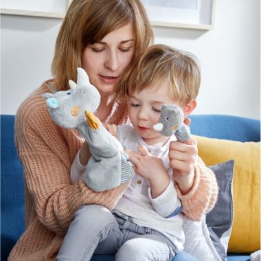 HABA Rhino With Baby Calf - Hand Puppet and Finger Puppet 2 Pc Set. View a larger version of this product image.