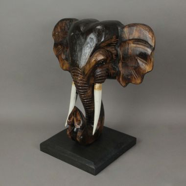 Things2Die4 Wooden Carved African Elephant Head Bust Sculpture W/ Stand Home Decor Wall Art. View a larger version of this product image.