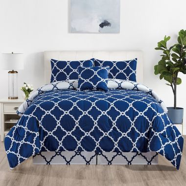Lux Decor Collection King Comforter Set - 5 Piece Soft and Comfortable Down Alternative King Size Comforter (Quatrefoil Navy Blue). View a larger version of this product image.