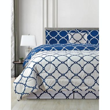 Lux Decor Collection King Comforter Set - 5 Piece Soft and Comfortable Down Alternative King Size Comforter (Quatrefoil Navy Blue). View a larger version of this product image.