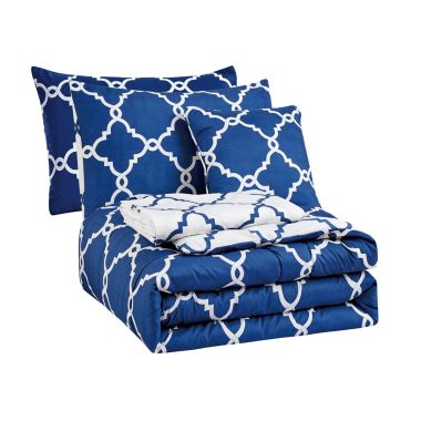 Lux Decor Collection King Comforter Set - 5 Piece Soft and Comfortable Down Alternative King Size Comforter (Quatrefoil Navy Blue). View a larger version of this product image.
