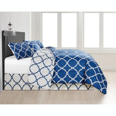 Lux Decor Collection King Comforter Set - 5 Piece Soft and Comfortable Down Alternative King Size Comforter (Quatrefoil Navy Blue). View a larger version of this product image.