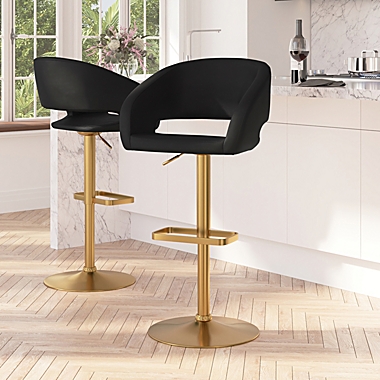 Merrick Lane Rothko Contemporary Black Vinyl Adjustable Height Barstool with Rounded Mid-Back and Gold Base. View a larger version of this product image.