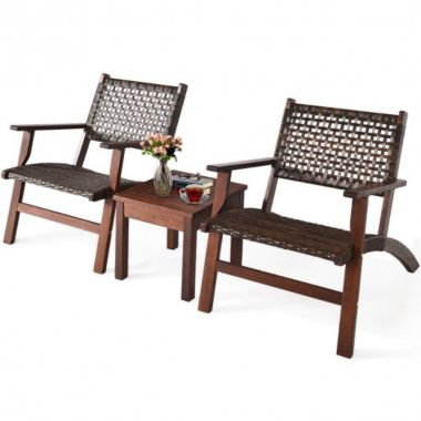 Costway 3 Pieces Outdoor Wooden Patio Rattan Furniture Set. View a larger version of this product image.