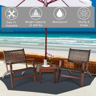 Costway 3 Pieces Outdoor Wooden Patio Rattan Furniture Set. View a larger version of this product image.