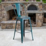 Emma + Oliver Commercial Grade 30"H Distressed Blue-Teal Metal Indoor-Outdoor Barstool w/ Back
