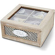 Farmlyn Creek Rustic Wood Tea Storage Box with Clear Lid, 4 Compartments (7 x 7 x 3 In)