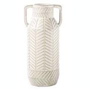 Urban Trends Collection Ceramic Round Vase with Side Handles and Embossed Chevron Pattern Design Body LG Gloss Finish White