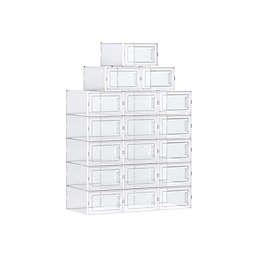 SONGMICS Shoe Boxes, Pack of 18 Stackable Shoe Storage Organizers, Foldable and Versatile for Sneakers, Fit up to US Size 9.5, Transparent and White