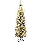 Slickblue 7.5 Feet Pre-lit Snow Flocked Artificial Pencil Christmas Tree with LED Lights