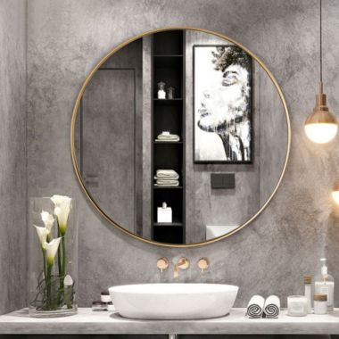 Slickblue 27.5" Modern Metal Wall-Mounted Round Mirror for Bathroom-Golden. View a larger version of this product image.