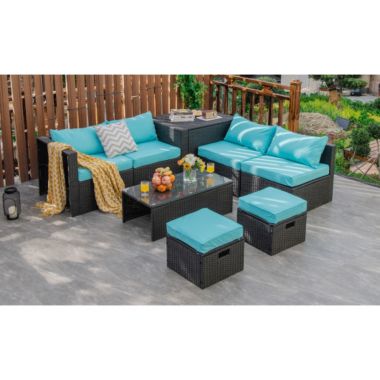 Costway 8 Pieces Patio Rattan Storage Table Furniture Set-Turquoise. View a larger version of this product image.
