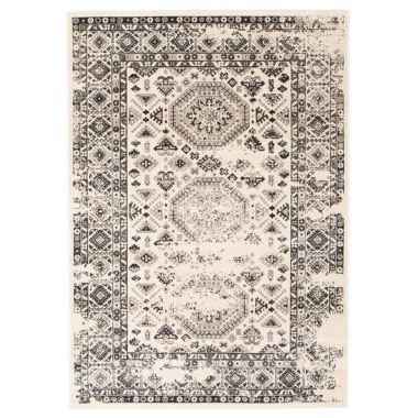 Chaudhary Living 5.25' x 7.5' Cream and Gray Distressed Geometric Rectangular Area Throw Rug. View a larger version of this product image.