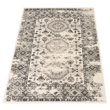 Chaudhary Living 5.25' x 7.5' Cream and Gray Distressed Geometric Rectangular Area Throw Rug. View a larger version of this product image.