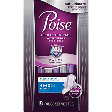 Poise&reg; Active Collection&trade; 18-Count Ultra Thin Incontinence Pads with Wings. View a larger version of this product image.