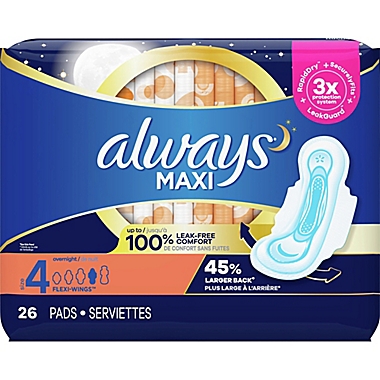 Always 26-Count Overnight Size 4 Maxi Pads with Flexi-Wings. View a larger version of this product image.