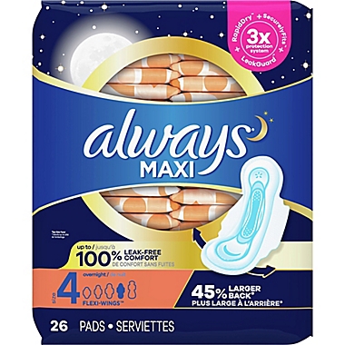 Always 26-Count Overnight Size 4 Maxi Pads with Flexi-Wings. View a larger version of this product image.